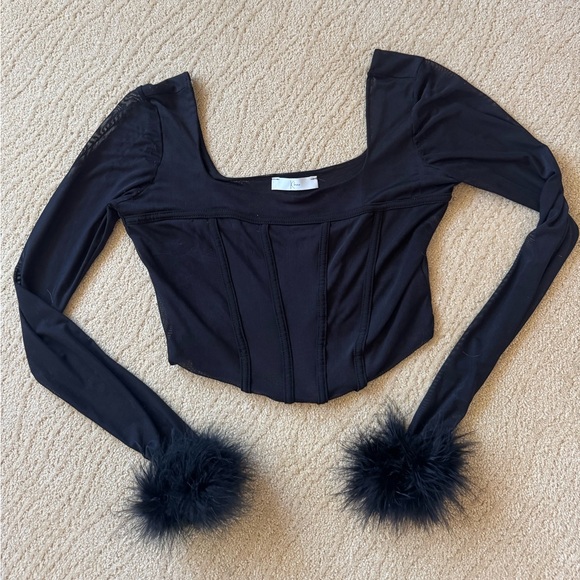 Dolls Kill Tops - Dolls Kill Mesh Corset Long Sleeve Crop Top (Black, L) rave festival